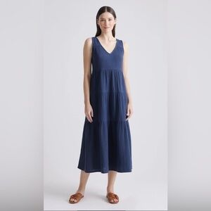 Quince NWT 100% Organic Cotton Gauze Tiered Maxi Dress in Indigo Blue. Size L